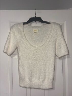 Maeve Plush Scoop-Neck Short Sleeve Sweater in Ivory